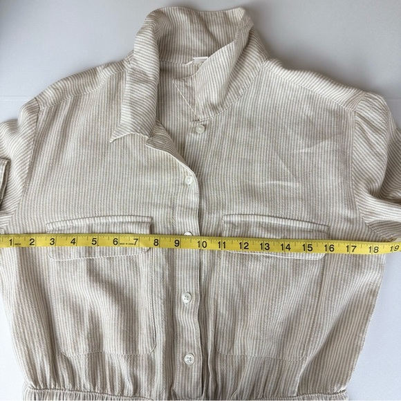 NWT Caslon Stripe Long Sleeve Linen Blend Romper Tan Safari - White Leah Stripe - Picture 7 of 12